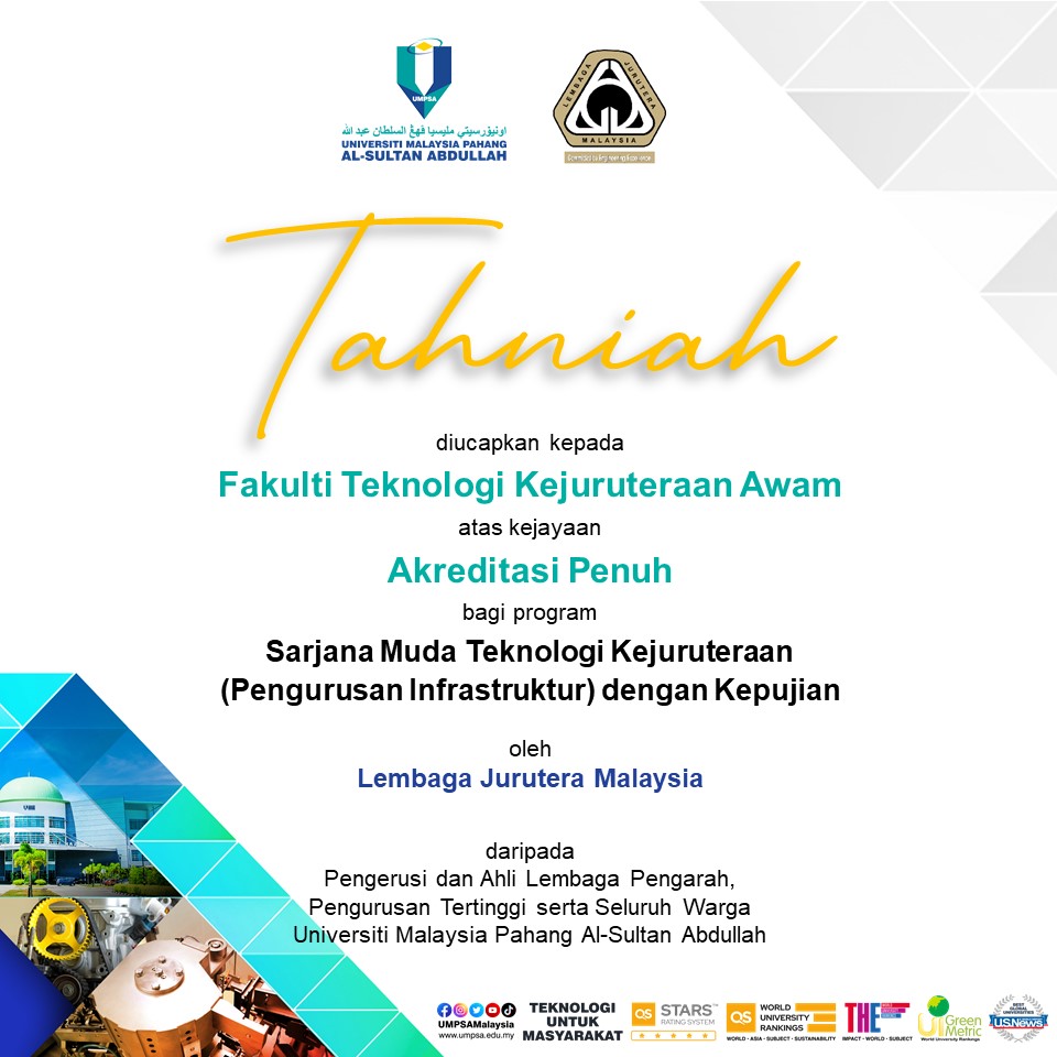 Setinggi-tinggi tahniah diucapkan kepada Ketua Program atas kejayaan Akreditasi Penuh bagi Program Sarjana Muda Teknologi Kejuruteran (Pengurusan Infrastruktur) Fakulti Teknologi Kejuruteraan Awam, UMPSA